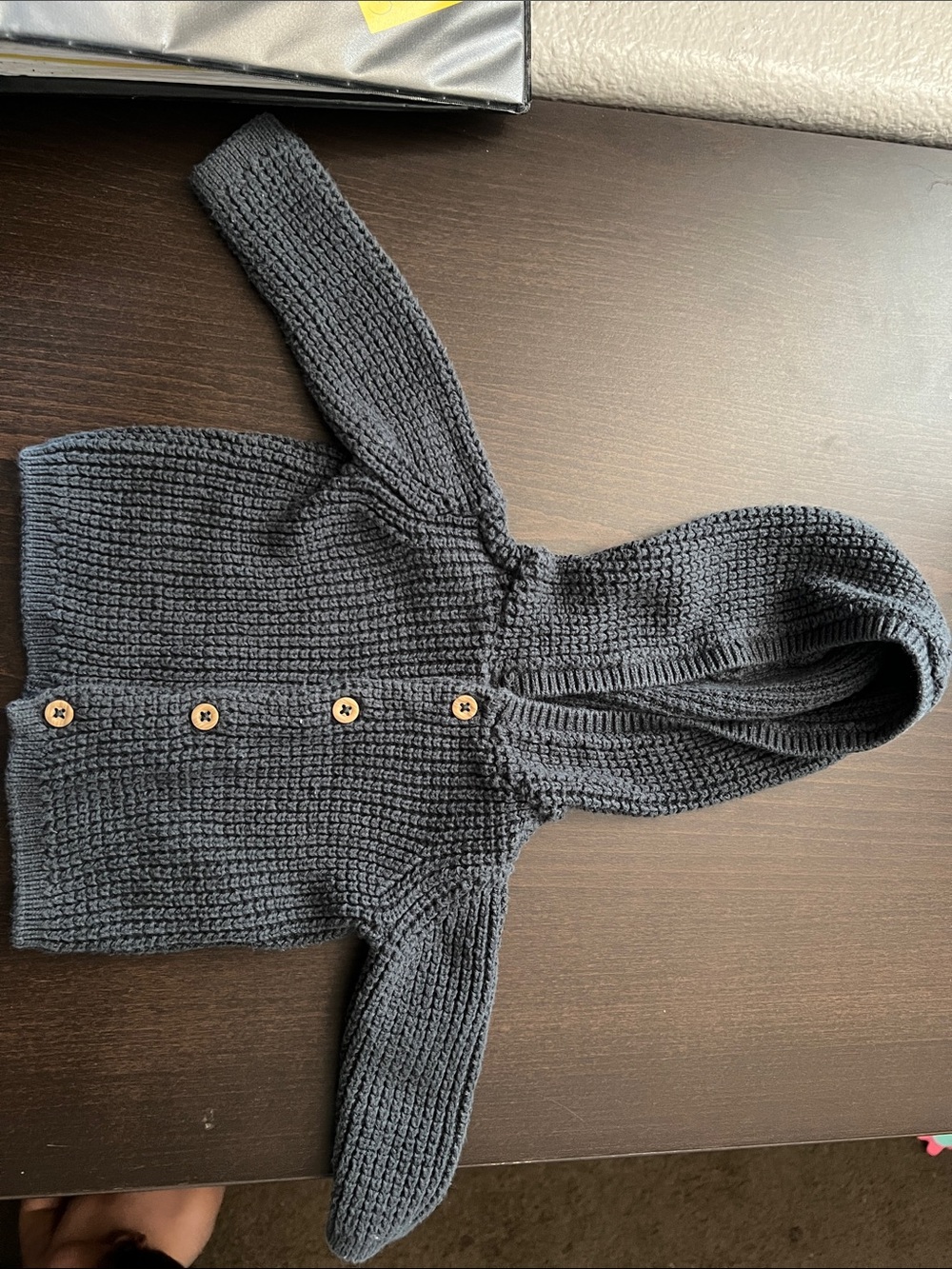 Dark blue Hooded Knit Cardigan with Wooden Buttons